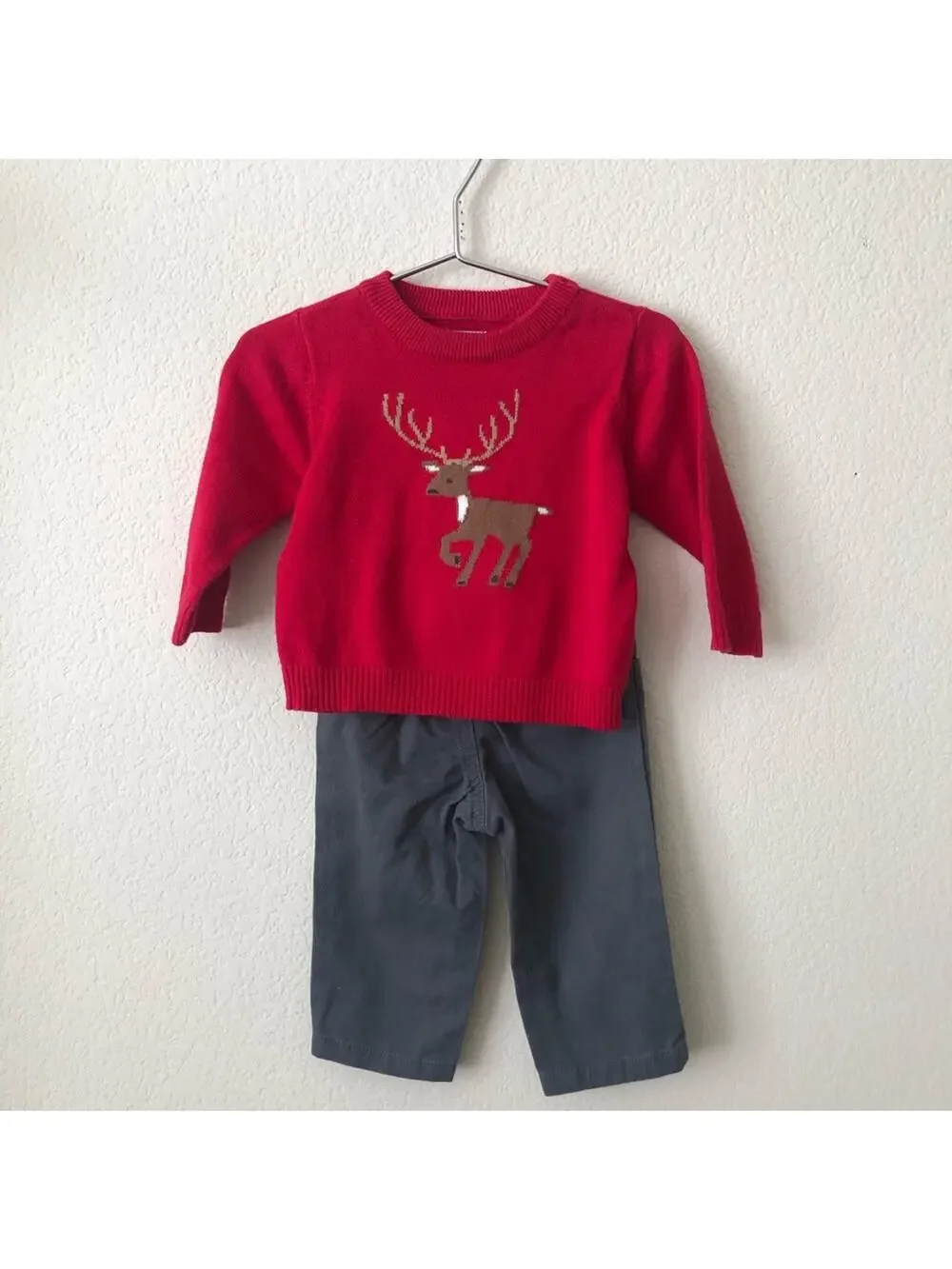 The Children’s Place red reindeer Christmas sweater gray khaki pants
